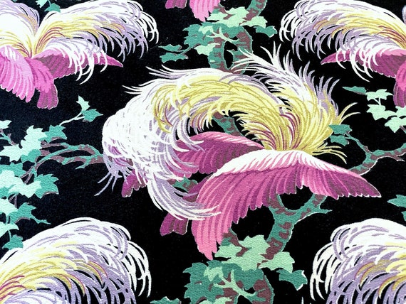 Miami Beach Flamingo Life on Black Barkcloth Vintage Fabric Drape Curtain 4 Avail.