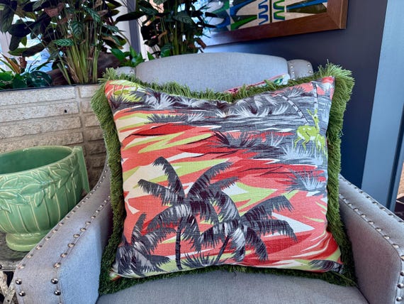 Waikiki Sunset Palms with Deer 1940's Mid Century Barkcloth Vintage Fabric PILLOW