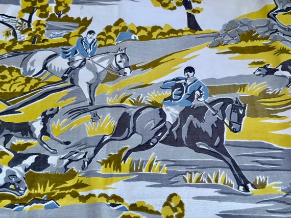 1950’s Moderne Chartreuse & Wedgwood Kentucky Derby Vintage Fabric Toile Unused Yardage