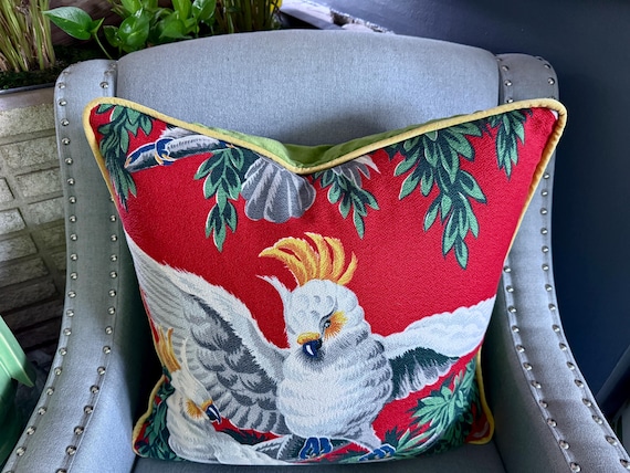 Cockatoos on Garnet 1930's Miami Beach Art Deco Mid Century Barkcloth Fabric PILLOW Cushion