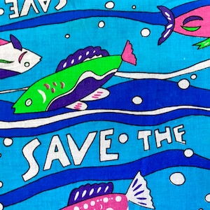 2YDS 70&#39;s 80&#39;s SAVE the FISH Vintage Decorator Fabric Yardage