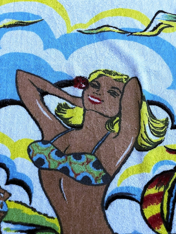 50's Beauty Water Skiing in Key Biscayne Florida Beach Towel Souvenir Miami Brand New old Stock 4 Avail.