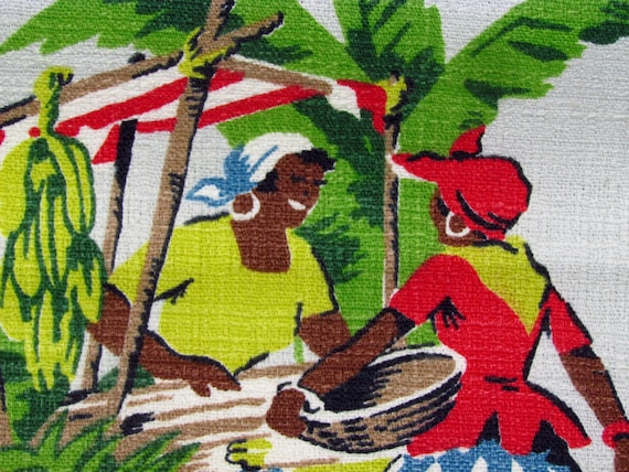 3’s Nostalgic Island Life Carmen Miranda Vintage Barkcloth Fabric Caribbean Island Life 5YDS Avail!