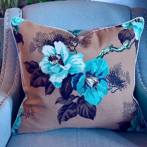 Mangroves! 40&#39;s Sea Oats & Tropical Blue Flowers Mid Century Barkcloth Fabric PILLOW