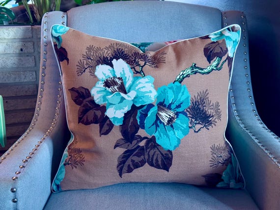 Mangroves! 40's Sea Oats & Tropical Blue Flowers Mid Century Barkcloth Fabric PILLOW