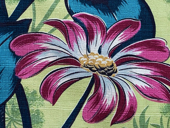 Rare 30's Hawaiiana Chartreuse Floral Barkcloth Vintage Fabric Drape Curtain