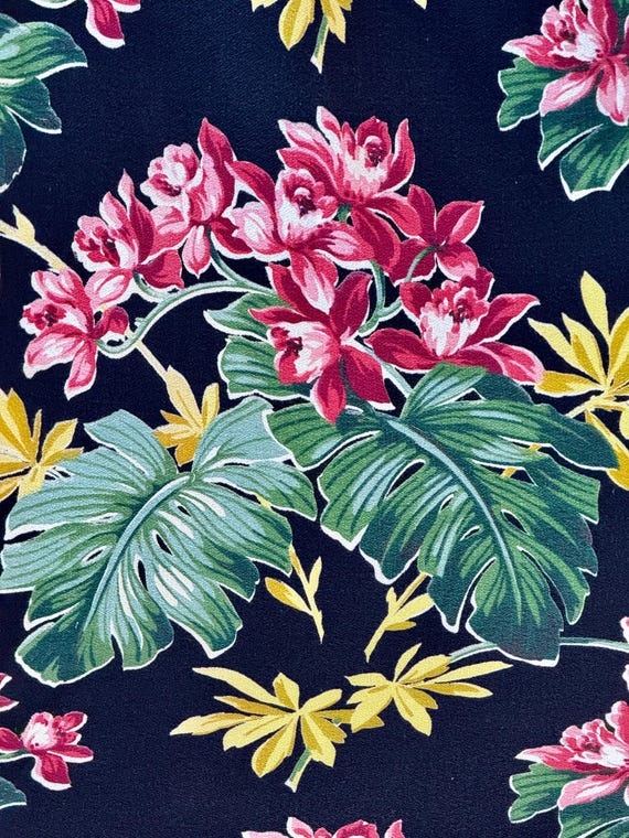 Orchids & Monstera Leaf on Black Tropical Barkcloth Vintage Fabric Drape Curtain 2 Avail.