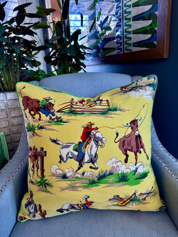 Rodeo Life Giddy Up! Cowboy Western Mid Century Barkcloth Vintage Fabric PILLOW