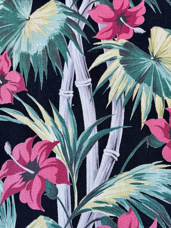 30's Miami Beach Art Deco FAN PALMS & Hibiscus on BLACK Barkcloth Vintage Fabric