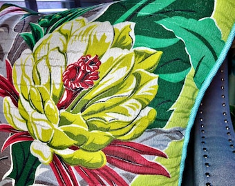 Electric Chartreuse BANANA Leaves BARKCLOTH Pillow Vintage Fabric Art Deco South Beach Style