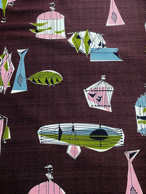 50's Design ABSTRACTION Chandeliers on Chocolate Barkcloth Vintage Fabric Unused Yardage 4YDS Avail.