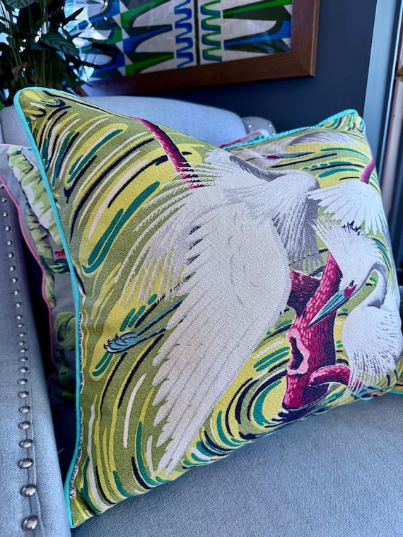 Egret SWIRL & POOL Blue 1930's Miami Beach Art Deco Mid Century Barkcloth Fabric PILLOW