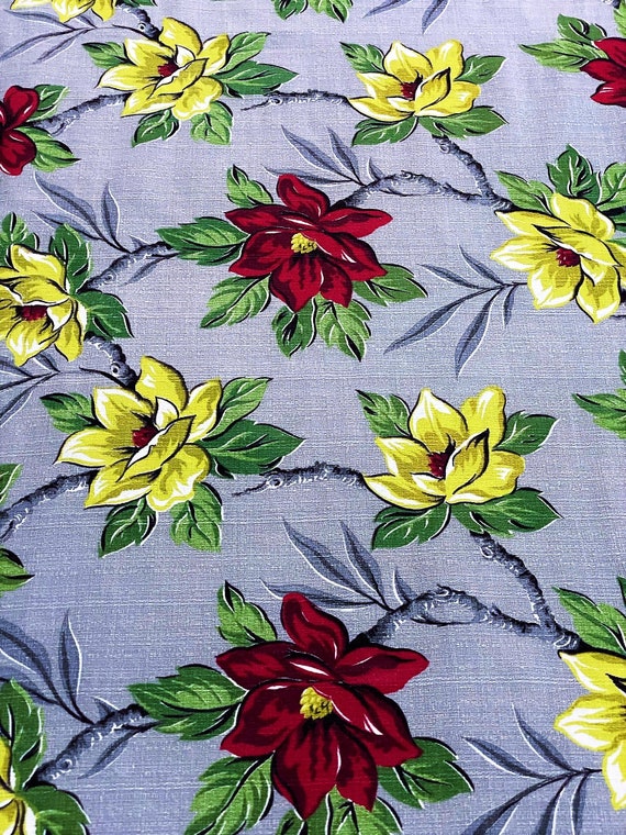 40's Dancing Miami Beach Magnolias Barkcloth Vintage Fabric Yardage