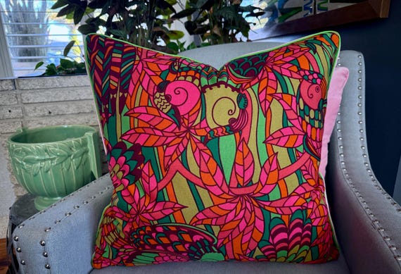 Birds of a Feather! Abstract Feathery Parakeet Mid Century Vintage Fabric PILLOW