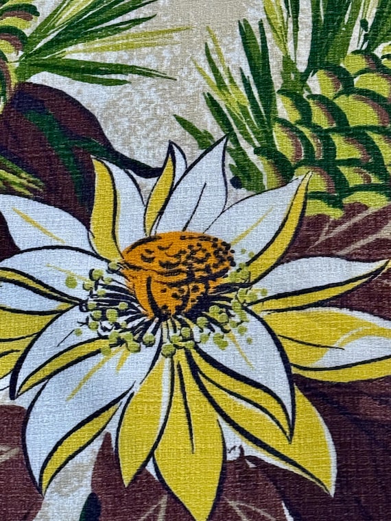 Golden LOTUS & Pinecones 1940’s Cabin Barkcloth V vintage Fabric Drape Curtain 2 Avail.