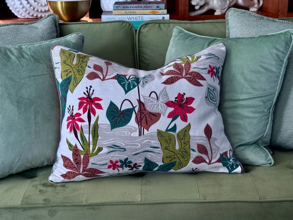 Mermaid Show Tiki Underwater Life Hollywood Regency Barkcloth Vintage Fabric Mid Century PILLOW
