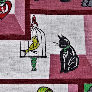 Curio Shelf Knick Knack Barkcloth Vintage Fabric Yardage Fun Kitsch Scenes