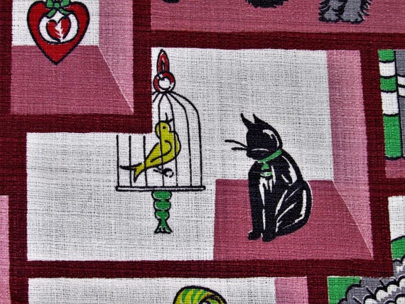 Curio Shelf Knick Knack Barkcloth Vintage Fabric Yardage Fun Kitsch Scenes