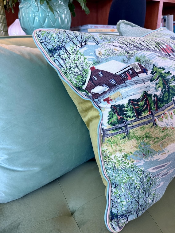 Springtime on the Farm Grandma Moses Art Deco Miami Beach Mid Century Barkcloth Vintage PILLOW CVR
