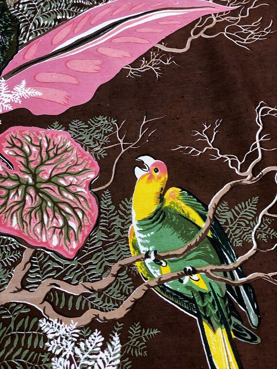 40's Tropical Birds Handprint on Chocolate Barkcloth Era Vintage Fabric