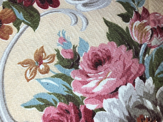 Neoclassical Cottage Barkcloth Vintage Fabric Yardage Cabbage Rose Upholstery Material 15YDS Avail