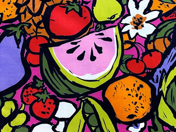 50's Carmen Miranda Abstract Crazy Colored Fruits & Veggies Vintage Fabric Pineapple Artichoke Bird Madness