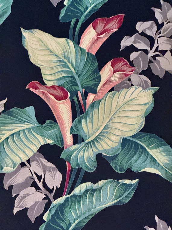 High Drama Art Nouveau Deco 1930’s Cala Lilies on Black Barkcloth Vintage Fabric 5YDS Avail.