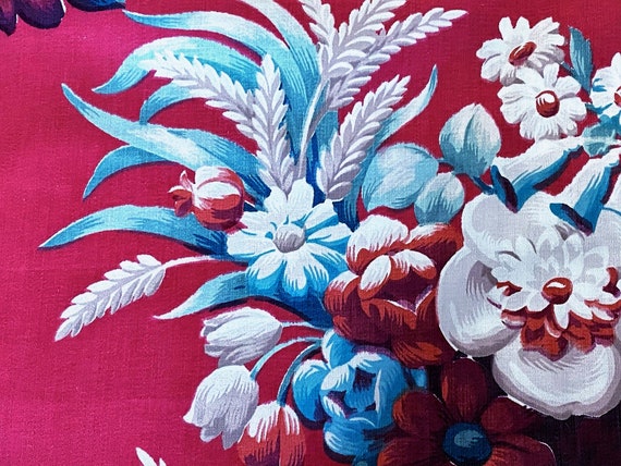 1930’s Art Deco Floral Pomegranate Red & Aqua Floral Vintage Fabric for Upholstery Home Decor Pillows  5YDS Avail.