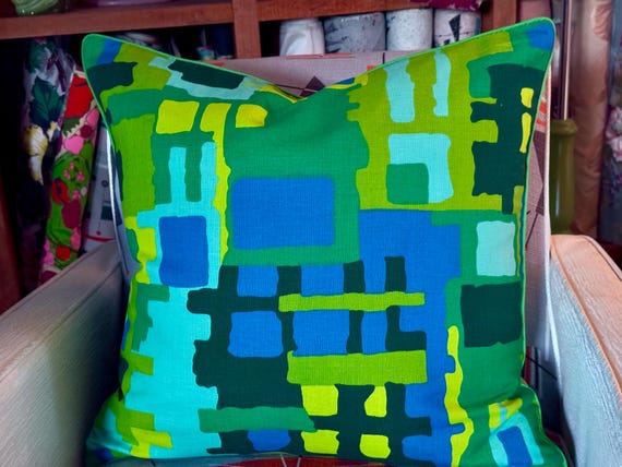Moving Blocks Abstract POSH 1960's Geometric Mid Century Barkcloth Fabric PILLOW