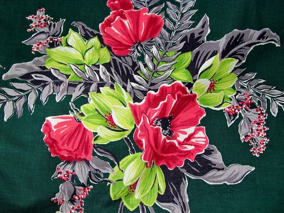 30’s Art Deco Miami Beach Bamboo Floral on Dark Teal Vintage Fabric 9YDS