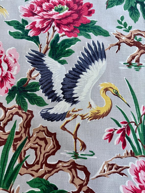Exuberant Driftwood & Flamingos 1930's Miami Beach Wading Vintage Fabric Drapes Curtains