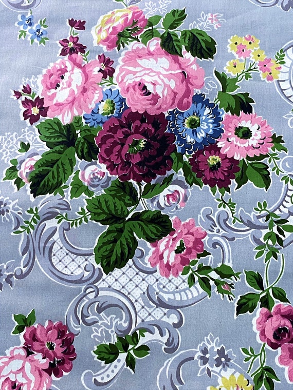 Cape Cod ROSES on Silver Neoclassical Framingham Scroll Vintage Fabric Yardage 8YDS Avail.