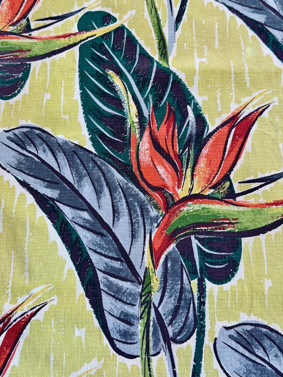 Glorious Birds of Paradise Barkcloth Vintage Fabric with Miami Beach Tropical Style Curtain