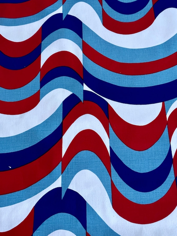 1977 Patriotic Aquamarine Wavy Nautical Psychadelic Textile Art Vintage Fabric for Home Decor Franed Art 5YDS Avail.
