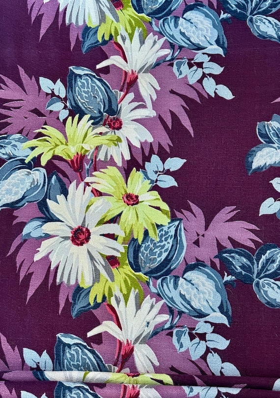 Aubergine Summer Daisies Barkcloth Vintage Fabric Striking Hollywood Glam Style!