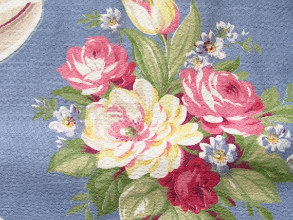 Cottage Blue Floral Barkcloth Vintage Fabric Victoriana Bungalow Style 4YDS Avail.