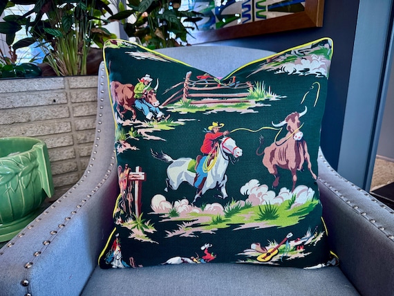 Rodeo Life Giddy Up! Cowboy Western Mid Century Barkcloth Vintage Fabric PILLOW