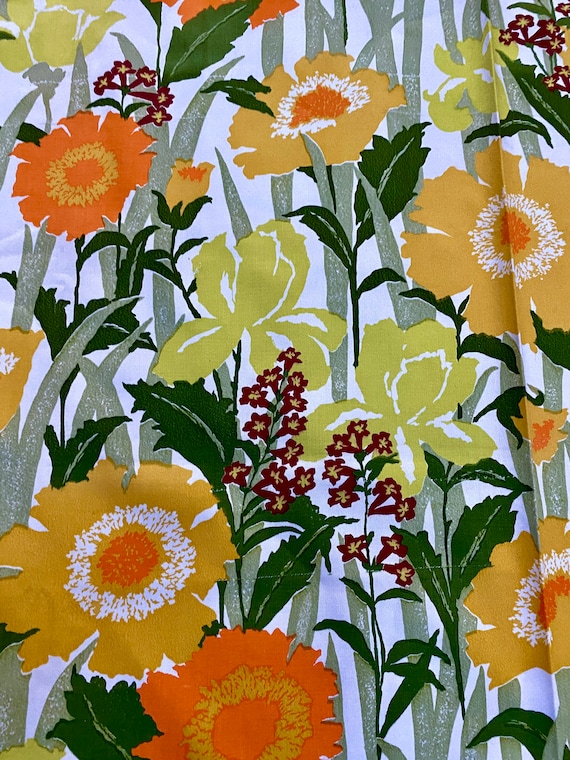 1.6YDS Tangerine & Chartreuse Mod 60's Summertime Flower Power Vintage Fabric Unused Yardage