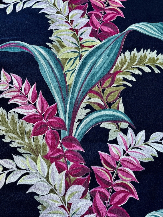 Deco Hawaiian Dendrobian Orchids on BLACK Barkcloth Vintage Fabric Drape Curtain 6 Avail.