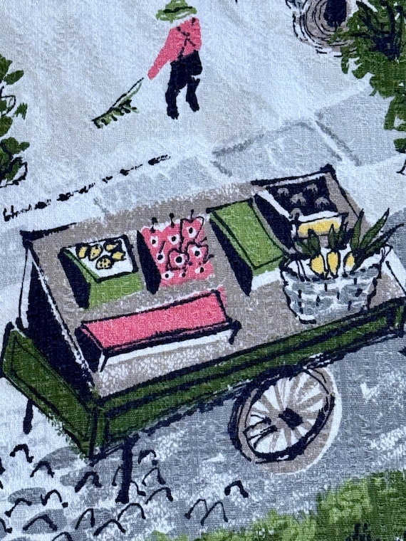 Fruit Cart! 1950's Neighborhood Drone View Mid Century Home & Gardens Barkcloth Vintage Fabric 10YDS Avail.