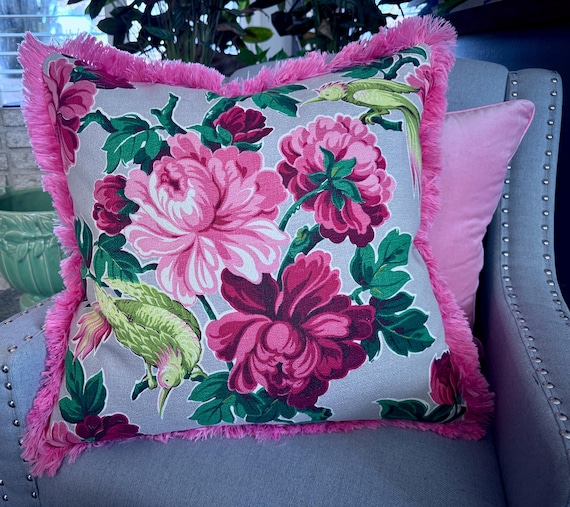 30's Juicy Blooms & Birds GLAM Mid Century Barkcloth Era Vintage Fabric PILLOW