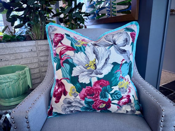 Glam Central TULIPS & ROSES 1930's Mid Century Barkcloth Vintage Fabric PILLOW