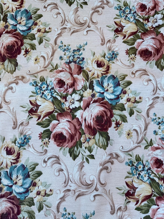 Victoriana Shell Pink & Robins Egg Blue ROSES 1940’s Hollywood Glam Barkcloth Faille Vintage Fabric 10YDS Avail.
