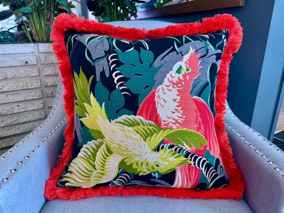Cockatoos Hanging Round 30's Miami Beach Art Deco Mid Century Barkcloth Fabric PILLOW