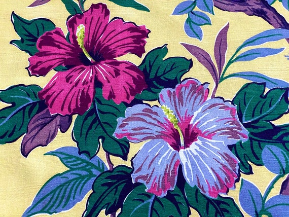 30's Flamboyant Hibiscus on Crazy Lemon Yellow Barkcloth Vintage Fabric Yardage 6YDS Avail.