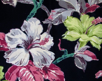 Hibiscus on Black Barkcloth Vintage Fabric Drape Curtain Hollywood Regency 6 Avail.