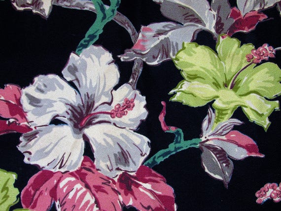 Hibiscus on Black Barkcloth Vintage Fabric Drape Curtain Hollywood Regency 6 Avail.