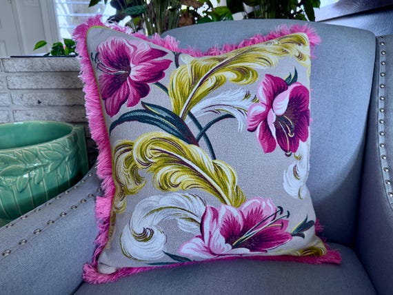 Swag of South Beach Hibiscus Ostrich Feathers Hollywood Regency Barkcloth Vintage Fabric Mid Century PILLOW