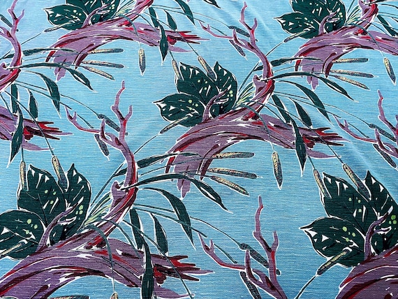 3-YDS Abstract Cattails Marshland Biomorphic Vintage Fabric Yardage Tangerine & Jadeite