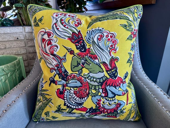 BOHEMIAN 1950's Tribal Jesters Novelty Mid Century Barkcloth Era Vintage Fabric PILLOW